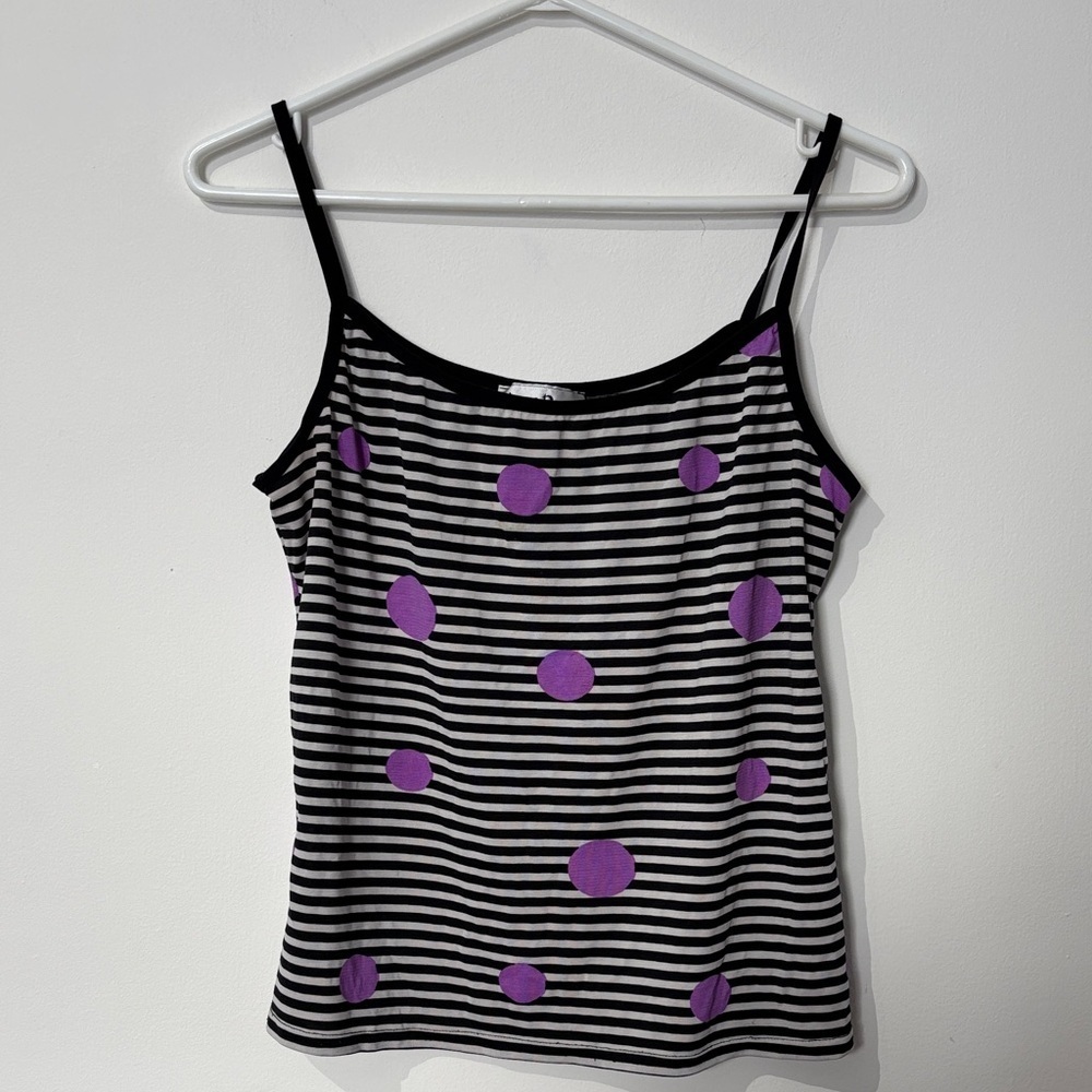 Joseph Ribkoff Black and White Striped Camisole with Purple Dots